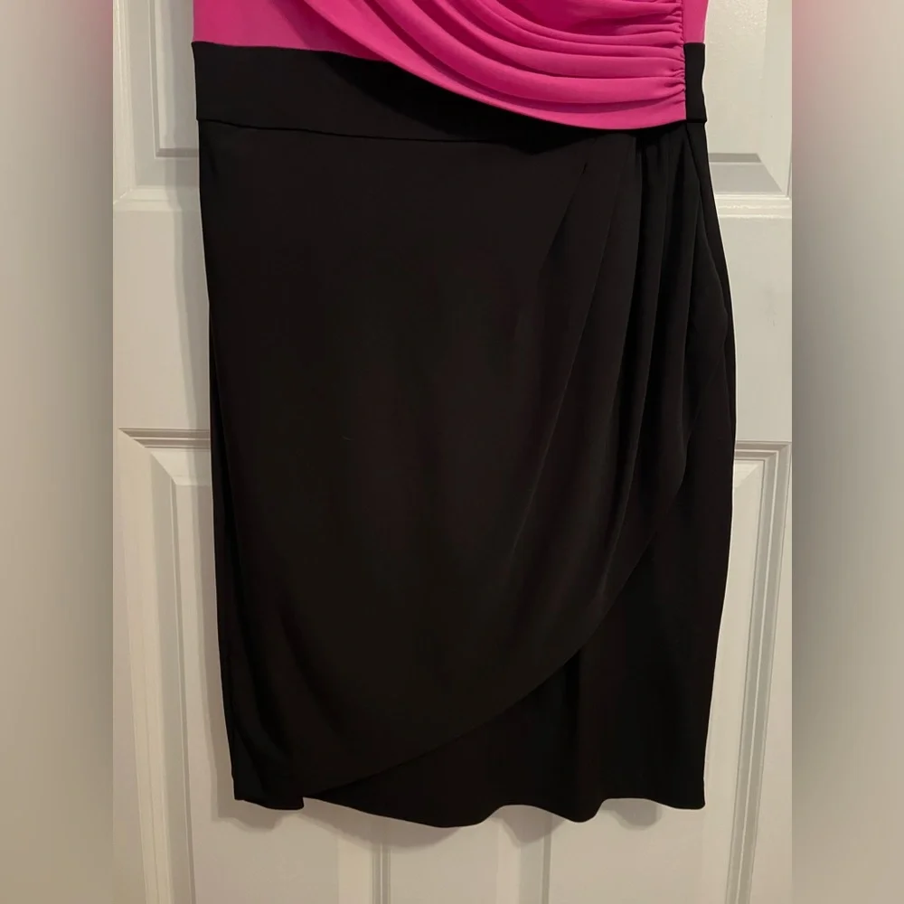 Donna Ricco Sleeveless Midi Wrap Ruched Party Sheath Modest Dress Pink/Black sz6 - Picture 5 of 10